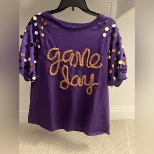 Purple and gold game day tinsel shirt with sparkles